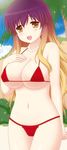  :d alternate_costume bead_necklace beads bikini blonde_hair blush breasts cleavage commentary_request cowboy_shot cpu_(hexivision) gradient_hair groin hand_on_own_chest hijiri_byakuren jewelry large_breasts long_hair looking_at_viewer multicolored_hair navel necklace open_mouth palm_tree pearl_necklace prayer_beads purple_hair red_bikini sideboob sidelocks smile solo sparkle swimsuit thigh_gap touhou tree underboob yellow_eyes 