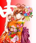  animal_ears blazblue breasts brown_hair chukachuka closed_mouth flower hair_flower hair_ornament highres japanese_clothes kimono large_breasts looking_at_viewer makoto_nanaya monkey multicolored_hair obi sash short_hair smile solo squirrel_ears two-tone_hair 