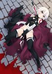  baicha bandages bare_shoulders black_gloves black_legwear black_panties blood fate/apocrypha fate/grand_order fate_(series) fingerless_gloves gloves green_eyes highres jack_the_ripper_(fate/apocrypha) looking_at_viewer lowleg lowleg_panties navel panties parted_lips planted_weapon scar short_hair silver_hair solo sword thighhighs torn_clothes underwear weapon 