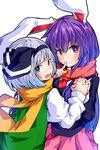  animal_ears blue_eyes blush bow bunny_ears embarrassed finger_to_mouth hair_bow hands_clasped hands_together highres ishimu konpaku_youmu looking_at_viewer looking_back multiple_girls open_mouth own_hands_together purple_hair red_eyes reisen_udongein_inaba scarf silver_hair touhou wavy_mouth winter_clothes yuri 