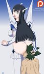  1boy 1girl artist_name ass black_hair blue_eyes breasts brown_hair clenched_hand clothed_female_nude_male femdom hsk huge_ass junketsu kill_la_kill kiryuuin_satsuki large_breasts long_hair looking_back looking_down open_mouth patreon revealing_clothes shiny shiny_skin short_hair sideboob thighhighs web_address 