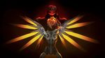  1girl backlighting black_background blonde_hair face_mask gloves glowing glowing_wings high_ponytail highres jacket looking_at_another mask mechanical_halo mechanical_wings mercy_(overwatch) overwatch ponytail scar short_hair soldier:_76_(overwatch) spread_wings wallpaper wings yellow_wings 