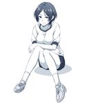  bangs blush breasts full_body greyscale gym_shorts gym_uniform hagane_soushi hayami_kanade idolmaster idolmaster_cinderella_girls looking_at_viewer medium_breasts monochrome open_mouth parted_bangs shoes short_hair shorts sitting smile sneakers socks solo 