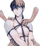  1boy black_hair blindfold blue_eyes bondage free! hands male_focus nanase_haruka_(free!) topless white_background 