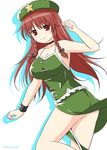  &gt;:) adapted_costume aqua_eyes armpits bare_shoulders beret black_bow blush bow braid breasts camisole choker cleavage clenched_hand collarbone commentary_request cpu_(hexivision) drop_shadow green_skirt hair_bow halterneck hat hong_meiling large_breasts long_hair looking_at_viewer pelvic_curtain red_eyes red_hair sideboob skirt sleeveless smile solo star touhou twin_braids v-shaped_eyebrows wristband 
