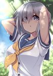  :o armpit_peek arms_behind_head arms_up blue_eyes breasts buttons dated day eyes_visible_through_hair hair_ornament hair_over_one_eye hairclip hamakaze_(kantai_collection) highres kantai_collection large_breasts looking_at_viewer mku neckerchief outdoors plant school_uniform serafuku short_hair short_sleeves silver_hair solo sweat yellow_neckwear 