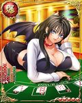  1girl bastard!! black_hair black_skirt blue_eyes bowtie breast_rest breasts card_(medium) card_(object) casino cleavage demon_wings earrings head_rest large_breasts legs long_hair long_sleeves looking_at_viewer lying miniskirt mobage poker_chip porno_dianno skirt smile solo table thighs wings 