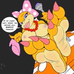  3_toes anthro barefoot blue_eyes breasts claws clothing dialogue digital_media_(artwork) feet female foot_focus footwear hair_bow hair_ribbon hi_res koopa koopaling lips looking_at_viewer mario_bros nintendo nipples non-mammal_breasts paws ribbons scalie shoes soles solo teasing text toe_claws toes video_games wendy_o_koopa zp92 