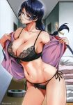  1girl areolae artist_name black_bra black_panties blue_hair bra braid breasts cleavage contrapposto cowboy_shot frown futon glasses hair_ornament hair_ribbon hairclip hanekawa_tsubasa head_tilt highres hip_bones indoors itachou lace lace-trimmed_bra large_breasts leaning_forward lingerie long_hair looking_at_viewer monogatari_(series) navel panties purple_eyes purple_hair ribbon rimless_eyewear roomba see-through self_exposure shiny shiny_skin side-tie_panties single_braid solo source_request standing underwear undressing wooden_floor 