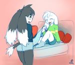  2016 anthro asriel_dreemurr bed black_fur blush byondrage caprine clothed clothing crossover duo eyes_closed feline floppy_ears fur goat klonoa klonoa_(series) legwear long_ears male mammal multicolored_fur on_bed open_mouth pillow shirt shorts simple_background sitting smile socks standing two_tone_fur undertale unsure video_games white_fur young 