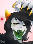  black_hair blush claws clothing fangs female first_person_view gloves green_maw hair homestuck horn invalid_tag looking_at_viewer memento~mori mouth_shot ms_paint_adventures nepeta nepeta_leijon one_eye_closed open_mouth sharp_teeth simple_background teeth tongue troll_(homestuck) uvula vore wink 