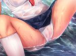  1girl blue_skirt breasts cameltoe close-up highres jirou_(chekoro) legs natsuiro_otome original panties pantyshot pantyshot_(sitting) pussy school_uniform see-through sitting skirt socks solo spread_legs thighs underwear water wet wet_clothes white_panties white_socks 