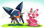  blush bug claws closed_eyes flower flying gen_7_pokemon gradient gradient_background grass hair_flower hair_ornament horns insect insect_wings kan'oke_maru lurantis mandibles no_humans orchid_mantis pink_eyes pokemon pokemon_(creature) praying_mantis seiza sitting sweatdrop vikavolt wings yellow_eyes 