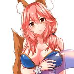  :3 animal_ears bikini blue_bikini breasts cleavage collarbone fate/extra fate/grand_order fate_(series) fox_ears fox_tail large_breasts looking_at_viewer norun_(mai0910) pink_hair signature simple_background solo swimsuit tail tamamo_(fate)_(all) tamamo_no_mae_(fate) tamamo_no_mae_(swimsuit_lancer)_(fate) white_background yellow_eyes 