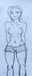  1girl areola earring monochrome thigh_gap topless 