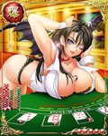  1girl armpits ass bastard!! between_breasts black_hair black_panties blue_eyes bowtie bra breast_rest breasts card_(medium) card_(object) casino cleavage demon_wings earrings head_rest large_breasts legs long_hair looking_at_viewer lying mobage panties poker_chip porno_dianno sleeveless smile solo table thighs underwear wings wink wrist_cuffs 