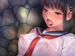  1girl areolae black_hair blush breasts crying erect_nipples eyebrows eyebrows_visible_through_hair highres jirou_(chekoro) large_breasts looking_away natsuiro_otome nipples open_mouth original sailor_collar saliva school_uniform see-through serafuku short_hair solo tears tongue upper_body wet wet_clothes yellow_eyes 