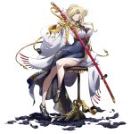  1girl bangs bare_legs black_dress black_footwear blonde_hair breasts cleavage covered_navel dress floating_hair full_body green_eyes high_heels holding holding_sword holding_weapon langrisser langrisser_mobile large_breasts long_dress long_hair official_art parted_lips sheath sheathed shilinka_(langrisser) side_slit sitting solo swept_bangs sword transparent_background weapon 