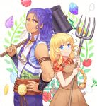  1girl arm_guards armlet bangs blonde_hair blue_eyes blush braid breasts carrot carrying_over_shoulder closed_mouth coin collared_shirt cowboy_shot dress_shirt egg eyebrows eyebrows_visible_through_hair flower gem gradient half_updo hammer hand_on_hip harvest_moon height_difference hibiscus holding jewelry long_hair looking_at_viewer ludus multiple_braids nanami_(story_of_seasons:_trio_of_towns) necklace overalls patterned_background pendant pitchfork plaid plaid_shirt pocket polka_dot polka_dot_background purple_hair red_eyes red_flower sash shirt short_sleeves side_braid sleeveless sleeves_pushed_up small_breasts smile story_of_seasons:_trio_of_towns sumimoto_ryuu tan tomato turnip twin_braids twintails v-neck wavy_hair white_background 