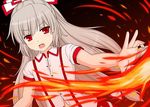  :o adapted_costume bow commentary_request cpu_(hexivision) dress_shirt fire flat_chest foreshortening fujiwara_no_mokou grey_hair hair_bow long_hair looking_at_viewer open_mouth red_eyes shirt short_sleeves solo suspenders touhou unbuttoned upper_body v-shaped_eyebrows white_bow white_shirt 