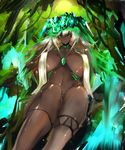  blonde_hair breasts choker collarbone dark_skin forest gigantic_breasts gond green_eyes highres jewelry long_hair lying nature necklace original solo 