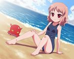 1girl barefoot beach bikini blush character_request child cloud copyright_request eyebrows feet kt looking_at_viewer one-piece_swimsuit outdoors shadow shiny shiny_hair shiny_skin sitting sky smile swimsuit water 