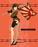  ass barbed_wire black_hair black_hood blue_eyes breasts earrings flag flagpole full_body gloves gun hair_over_one_eye hat high_heels highres holster jewelry kamezaemon looking_at_viewer medium_breasts military military_uniform multicolored_hair open_mouth original ponytail red_background short_hair short_shorts shorts smile solo submachine_gun teeth thigh_holster two-tone_hair uniform weapon white_hair 