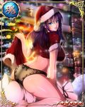  1girl ass bare_legs barefoot bastard!! black_panties blue_eyes blush breasts butt_crack card_(medium) christmas christmas_tree earrings feet indoors large_breasts legs long_hair looking_back mobage panties porno_dianno purple_hair santa_hat shiny shiny_skin short_sleeves sideboob sitting smile solo thighs underwear 