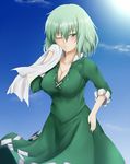  ;/ blush breasts cleavage closed_mouth collarbone commentary_request cowboy_shot dress gnlo green_dress green_eyes green_hair hand_on_hip large_breasts no_hat no_headwear one_eye_closed short_hair soga_no_tojiko solo sunlight sweat touhou wiping_sweat 