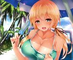  :d bangs beach beach_umbrella black_ribbon blonde_hair blue_sky breasts camisole chair cleavage cloud cloudy_sky collarbone day eyebrows eyebrows_visible_through_hair food green_eyes green_swimsuit hair_ribbon hand_on_own_chest hands_up head_tilt holding holding_food ice_cream large_breasts long_hair looking_at_viewer low_twintails open_mouth original outdoors palm_tree papa_nene popsicle ribbon shade sky smile solo sweat swimsuit teeth tree twintails umbrella upper_body 