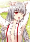  arms_behind_head arms_up blush bow breasts center_opening commentary_request cpu_(hexivision) dress_shirt fujiwara_no_mokou hair_bow long_hair long_sleeves looking_at_viewer one_eye_closed open_mouth red_eyes shirt silver_hair small_breasts solo suspenders touhou unbuttoned upper_body white_bow white_shirt 