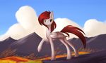  alphaaquilae cloud day equine fan_character feathered_wings feathers female feral fur hair hooves looking_at_viewer mammal my_little_pony outside pegasus red_eyes red_hair sky smile solo standing white_feathers white_fur wings 