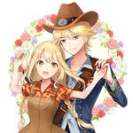  1girl :d bangs bare_arms belt blue_eyes blue_shirt braid breasts brown_hat closed_mouth collared_shirt cowboy_hat dress_shirt floral_background hair_between_eyes hands_up harvest_moon hat hetero holding_hand jacket long_hair long_sleeves looking_at_another looking_at_viewer looking_to_the_side nanami_(story_of_seasons:_trio_of_towns) open_mouth overalls plaid plaid_shirt pocket sam_browne_belt shirt short_sleeves sleeves_folded_up small_breasts smile story_of_seasons:_trio_of_towns twin_braids twintails tyyni upper_body wein white_background 