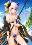  bikini breasts cleavage fate/grand_order fate_(series) frilled_bikini frills front-tie_top hair_between_eyes hair_ornament highres horns japanese_clothes kimono kiyohime_(fate/grand_order) kiyohime_(swimsuit_lancer)_(fate) long_hair medium_breasts navel okamin polearm red_eyes ribbon solo spear swimsuit weapon white_hair yellow_ribbon 