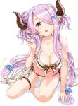  arm_support bangs bare_shoulders bikini blue_eyes blush breasts cleavage collarbone commentary_request demon_horns double_bun draph earrings frilled_bikini frills front-tie_top granblue_fantasy hair_ornament hair_over_one_eye hairclip high_heels horns jewelry large_breasts lavender_hair long_hair looking_at_viewer low_tied_hair mintol_(qool+) narmaya_(granblue_fantasy) navel open_mouth pointy_ears sandals side-tie_bikini sitting smile solo swimsuit thigh_strap very_long_hair white_bikini yokozuwari 