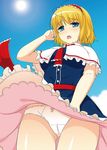  alice_margatroid ascot ass_visible_through_thighs blonde_hair blue_dress blue_eyes blush bow bow_panties breasts capelet commentary_request cowboy_shot cpu_(hexivision) dress from_below hairband large_breasts lolita_hairband looking_at_viewer open_mouth panties pantyshot pantyshot_(standing) sash short_hair solo standing sunlight touhou underwear white_panties wind wind_lift 