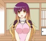  :d apron arm_garter bead_necklace beads blonde_hair blush breasts commentary_request cpu_(hexivision) gradient_hair highres hijiri_byakuren indoors jewelry large_breasts long_hair looking_at_viewer multicolored_hair necklace open_mouth pearl_necklace pink_apron prayer_beads purple_hair short_sleeves sidelocks smile solo touhou upper_body v_arms yellow_eyes 