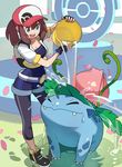  backpack bag baseball_cap belt black_gloves breasts brown_hair bucket cleavage closed_eyes cropped_jacket fangs female_protagonist_(pokemon_go) fingerless_gloves gen_1_pokemon gloves green_eyes hat ivysaur leggings medium_breasts petals pokemon pokemon_(creature) pokemon_go pokestop pouring showering smile solo tetsuo_(amenohutikoma) water 