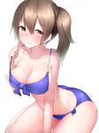  bangs bare_arms between_legs bikini blue_bikini blush boruhis breasts brown_eyes brown_hair cleavage closed_mouth collarbone eyebrows eyebrows_visible_through_hair front-tie_top hair_between_eyes hand_between_legs highres kaga_(kantai_collection) kantai_collection large_breasts long_hair looking_at_viewer motion_lines side-tie_bikini side_ponytail simple_background solo stomach sweat swimsuit white_background 