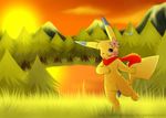  blue_eyes female flower flower_in_hair fur grass lake looking_at_viewer mountain navel nintendo open_mouth pikachu plant pok&eacute;mon red_scarf scarf siqko solo sunset tree video_games yellow_fur 