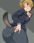  animal_ears ass back-seamed_legwear black_legwear blonde_hair blush brave_witches cameltoe covered_nipples dog_ears dog_tail from_behind garrison_cap hand_on_ass hat kani_club long_sleeves looking_back military military_uniform pantyhose seamed_legwear short_hair silhouette smile solo tail uniform waltrud_krupinski world_witches_series yellow_eyes 