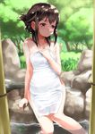  akemi_homura alternate_hairstyle arm_at_side arm_support bangs black_hair blush breasts bush collarbone dappled_sunlight day folded_ponytail grass highres leaf long_hair mahou_shoujo_madoka_magica md5_mismatch medium_breasts naked_towel nude onsen outdoors purple_eyes rin2008 rock rope shade sitting soaking_feet solo sunlight towel tree tree_shade water wet 