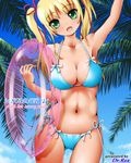  2016 :d arm_up artist_name bikini blue_bikini blue_sky blush breasts cleavage collarbone day dr_rex eyebrows eyebrows_visible_through_hair frilled_innertube frills green_eyes hair_ribbon head_tilt holding innertube large_breasts looking_at_viewer navel open_mouth original palm_tree plant red_ribbon ribbon side-tie_bikini sky smile solo stomach summer swimsuit transparent tree waving 