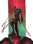 absurdres armor belt bodysuit dc_comics deathstroke full_body highres katana male_focus naratani pouch red_eyes rock solo staff sword weapon 