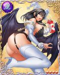  1girl apron ass bare_shoulders bastard!! black_hair blue_eyes breasts card_(medium) demon_wings earrings fingerless_gloves garter_belt garter_straps hat holding large_breasts legs long_fingernails long_hair looking_back milk mobage open_mouth porno_dianno serious sideboob simple_background solo thigh_boots thighs wings 