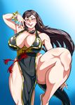  1girl alternate_costume bare_legs bare_shoulders breasts capcom china_dress chinese_clothes chun-li cleavage huge_breasts legs long_hair looking_at_viewer naughty_face numahana pose saliva shiny_skin smell smile solo street_fighter street_fighter_v sweat 