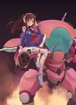  absurdres arm_at_side arm_cannon bangs bodysuit boots bracer breasts brown_eyes brown_hair closed_mouth covered_navel d.va_(overwatch) emblem facepaint facial_mark full_body gatling_gun gloves gun hand_on_own_head hand_to_head hand_up headphones highres knee_up logo long_hair long_sleeves looking_at_viewer lyrae mecha medium_breasts meka_(overwatch) overwatch pauldrons pilot_suit ribbed_bodysuit shoulder_pads sitting skin_tight smile solo thigh_boots thigh_strap thighhighs turtleneck weapon whisker_markings white_footwear white_gloves 