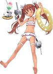  ;d adapted_turret bare_shoulders barefoot bikini brown_eyes brown_hair drink fang feet full_body gun hair_ribbon holding holding_gun holding_weapon innertube jiji kantai_collection libeccio_(kantai_collection) long_hair looking_at_viewer navel official_art one_eye_closed open_mouth ribbon shaved_ice smile soles solo swimsuit thigh_strap transparent_background turret twintails weapon white_bikini 