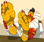  2016 5_toes anthro big_feet black_hair chair claws clothed clothing cobra digital_media_(artwork) fangs feet feet_up foot_focus grin hair heat_(character) hi_res holding_feet humanoid_feet legwear leotard male male_feet muscular muscular_male red_claws red_eyes reptile scalie signature simple_background sitting smile snake snake_hood socks soles solo stirrup_socks table teasing toes zp92 