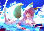  animal_ears ass bare_legs barefoot breasts cloud cloudy_sky day fang fate/grand_order fate_(series) fox_ears fox_tail innertube large_breasts legs_up long_hair looking_at_viewer lying on_stomach open_mouth partially_submerged pink_hair shiki_(kurotoshiki) shirt sky solo tail tamamo_(fate)_(all) tamamo_no_mae_(fate) tamamo_no_mae_(swimsuit_lancer)_(fate) water wet wet_clothes white_shirt yellow_eyes 